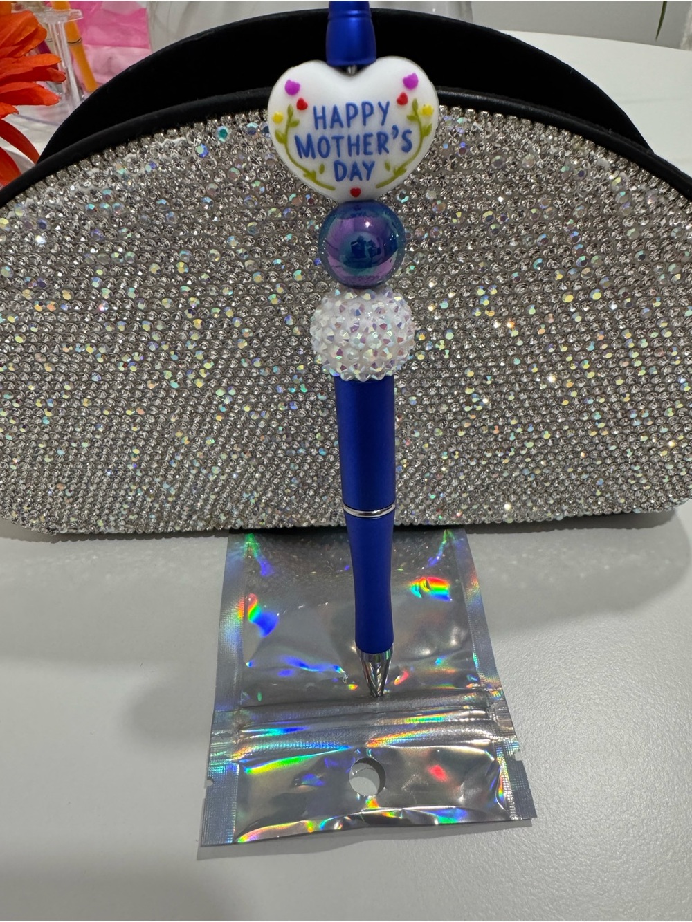 Happy Mother's Day Blue Decorative Ballpoint Pen - Sparkle Bead Accent